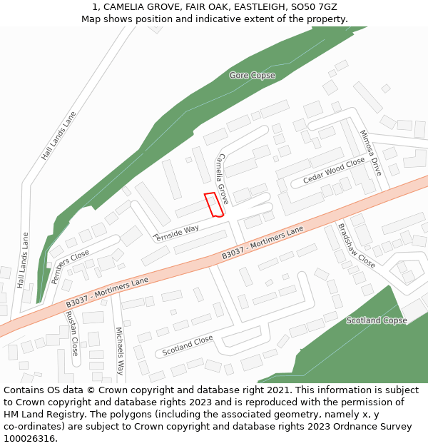 1, CAMELIA GROVE, FAIR OAK, EASTLEIGH, SO50 7GZ: Location map and indicative extent of plot