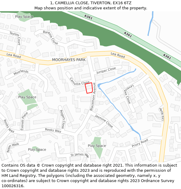 1, CAMELLIA CLOSE, TIVERTON, EX16 6TZ: Location map and indicative extent of plot
