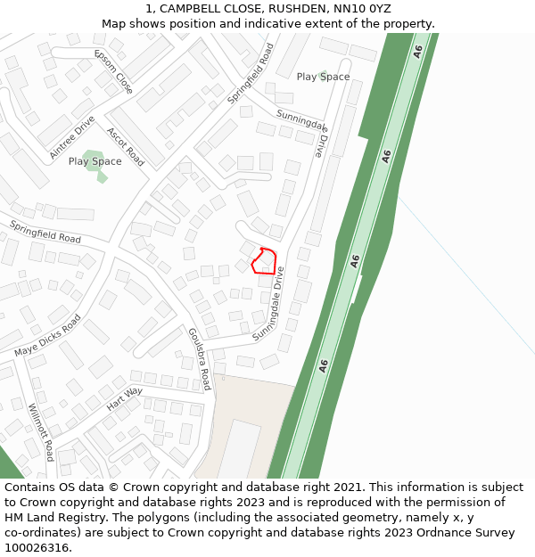 1, CAMPBELL CLOSE, RUSHDEN, NN10 0YZ: Location map and indicative extent of plot