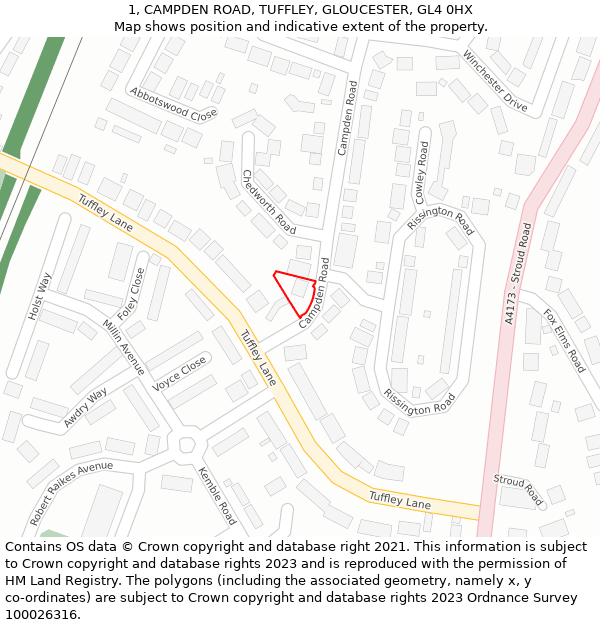 1, CAMPDEN ROAD, TUFFLEY, GLOUCESTER, GL4 0HX: Location map and indicative extent of plot