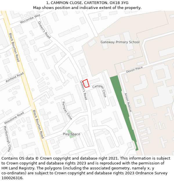 1, CAMPION CLOSE, CARTERTON, OX18 3YG: Location map and indicative extent of plot