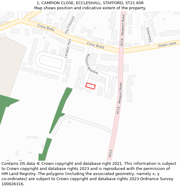1, CAMPION CLOSE, ECCLESHALL, STAFFORD, ST21 6SR: Location map and indicative extent of plot