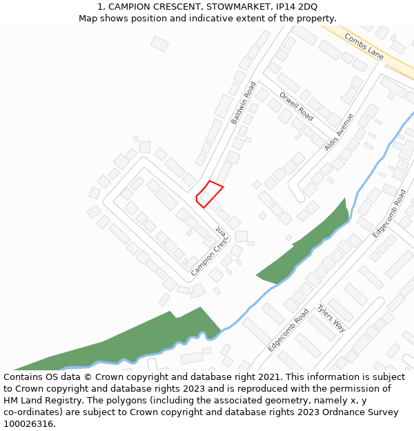 1, CAMPION CRESCENT, STOWMARKET, IP14 2DQ: Location map and indicative extent of plot