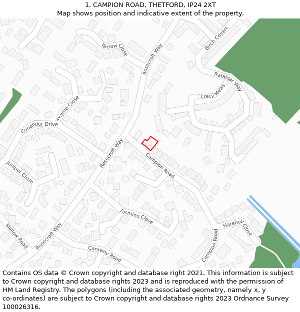 1, CAMPION ROAD, THETFORD, IP24 2XT: Location map and indicative extent of plot