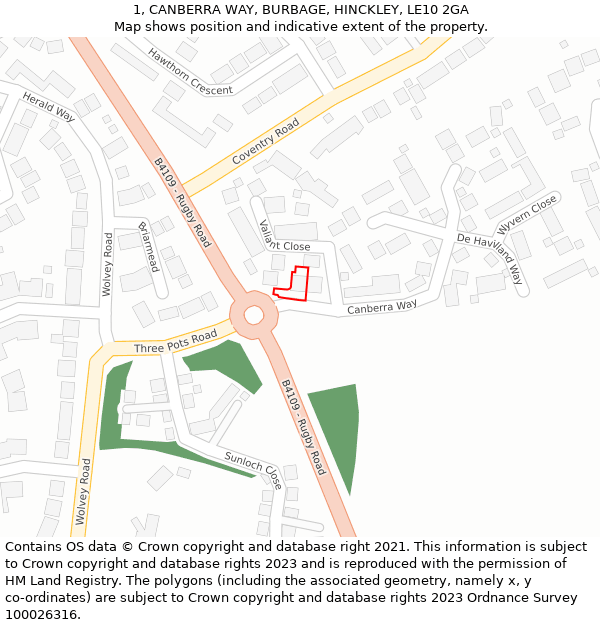 1, CANBERRA WAY, BURBAGE, HINCKLEY, LE10 2GA: Location map and indicative extent of plot