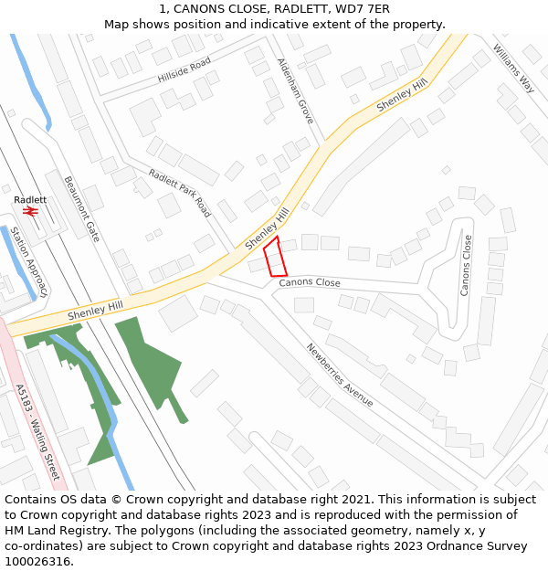 1, CANONS CLOSE, RADLETT, WD7 7ER: Location map and indicative extent of plot