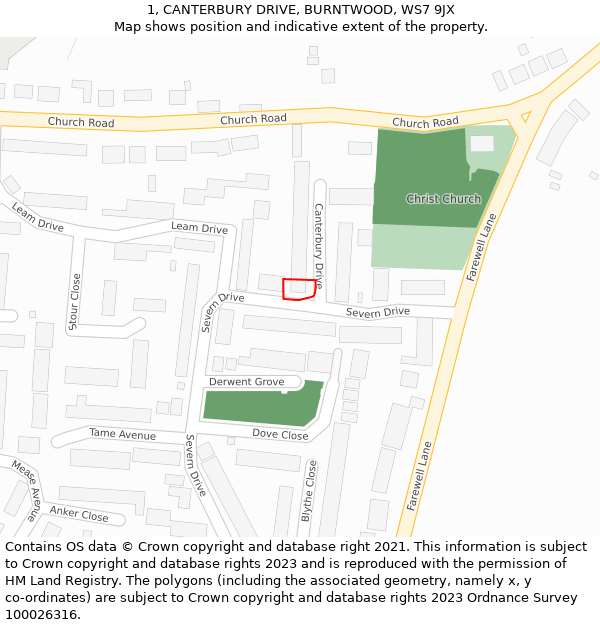 1, CANTERBURY DRIVE, BURNTWOOD, WS7 9JX: Location map and indicative extent of plot
