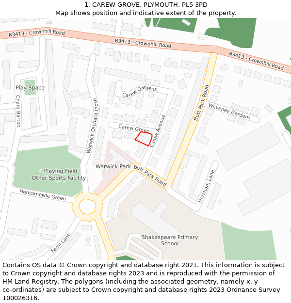1, CAREW GROVE, PLYMOUTH, PL5 3PD: Location map and indicative extent of plot