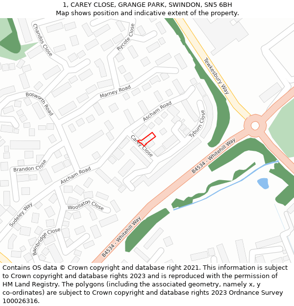 1, CAREY CLOSE, GRANGE PARK, SWINDON, SN5 6BH: Location map and indicative extent of plot