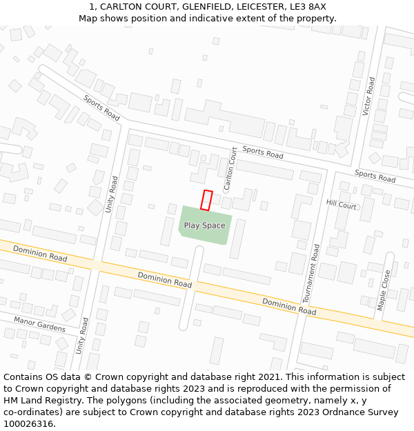 1, CARLTON COURT, GLENFIELD, LEICESTER, LE3 8AX: Location map and indicative extent of plot