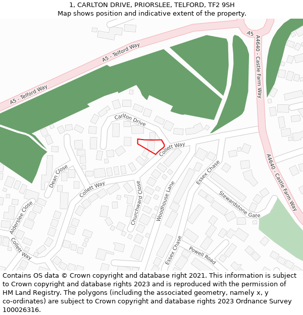 1, CARLTON DRIVE, PRIORSLEE, TELFORD, TF2 9SH: Location map and indicative extent of plot