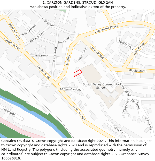 1, CARLTON GARDENS, STROUD, GL5 2AH: Location map and indicative extent of plot