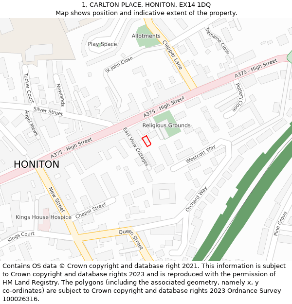 1, CARLTON PLACE, HONITON, EX14 1DQ: Location map and indicative extent of plot