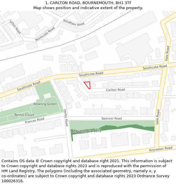 1, CARLTON ROAD, BOURNEMOUTH, BH1 3TF: Location map and indicative extent of plot