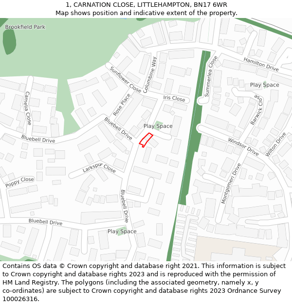 1, CARNATION CLOSE, LITTLEHAMPTON, BN17 6WR: Location map and indicative extent of plot