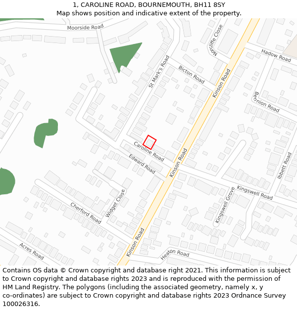 1, CAROLINE ROAD, BOURNEMOUTH, BH11 8SY: Location map and indicative extent of plot