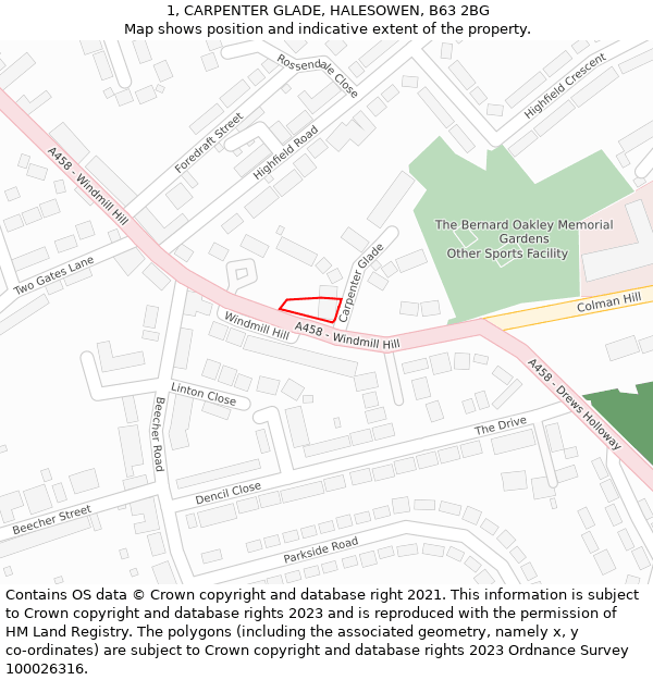 1, CARPENTER GLADE, HALESOWEN, B63 2BG: Location map and indicative extent of plot