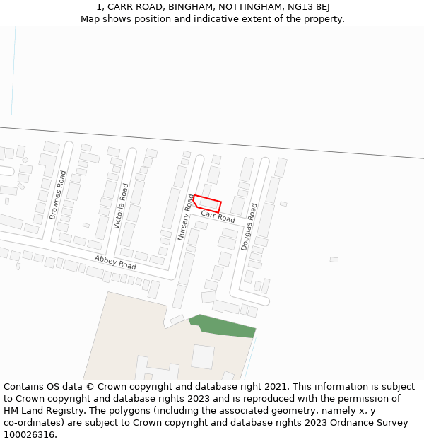 1, CARR ROAD, BINGHAM, NOTTINGHAM, NG13 8EJ: Location map and indicative extent of plot