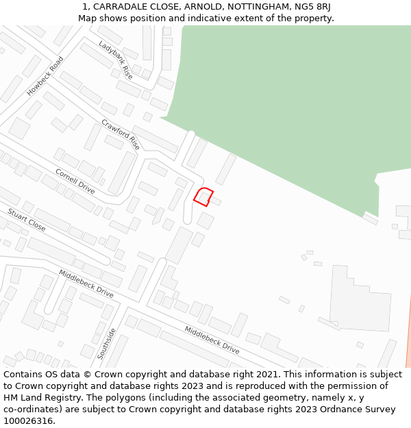 1, CARRADALE CLOSE, ARNOLD, NOTTINGHAM, NG5 8RJ: Location map and indicative extent of plot