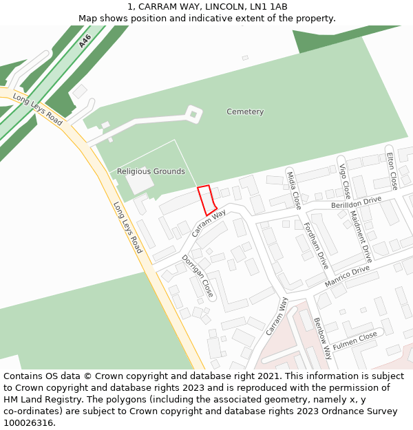 1, CARRAM WAY, LINCOLN, LN1 1AB: Location map and indicative extent of plot