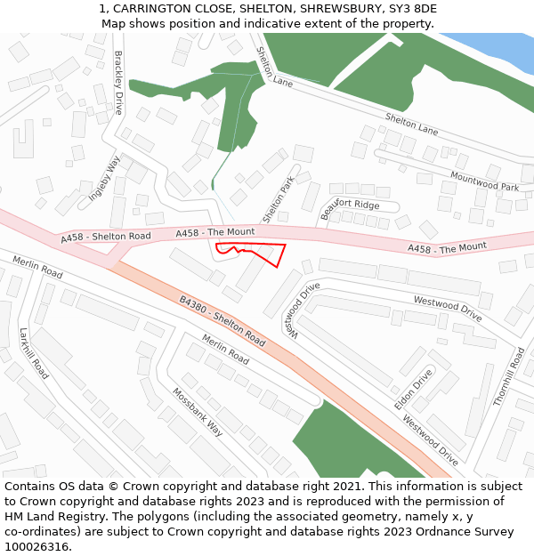 1, CARRINGTON CLOSE, SHELTON, SHREWSBURY, SY3 8DE: Location map and indicative extent of plot