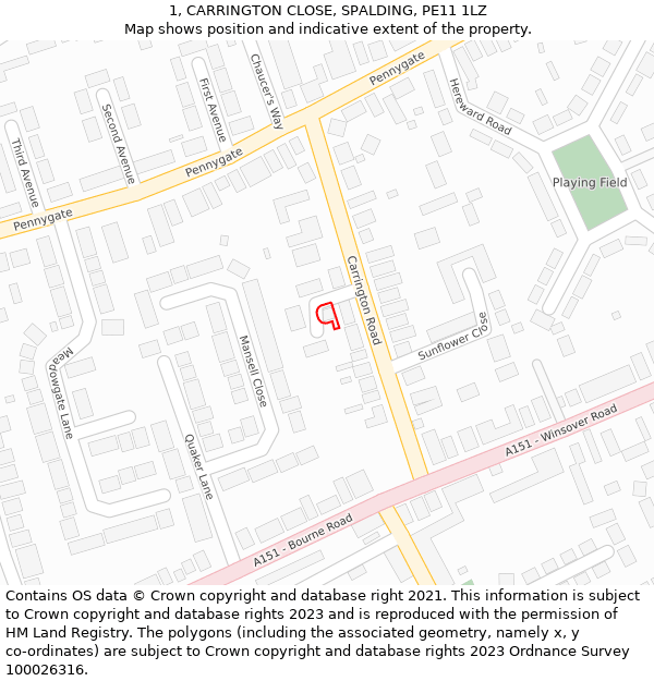 1, CARRINGTON CLOSE, SPALDING, PE11 1LZ: Location map and indicative extent of plot