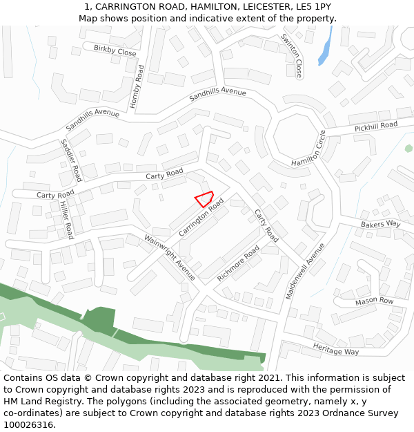 1, CARRINGTON ROAD, HAMILTON, LEICESTER, LE5 1PY: Location map and indicative extent of plot