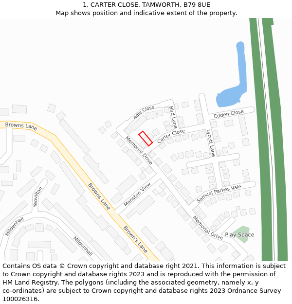 1, CARTER CLOSE, TAMWORTH, B79 8UE: Location map and indicative extent of plot