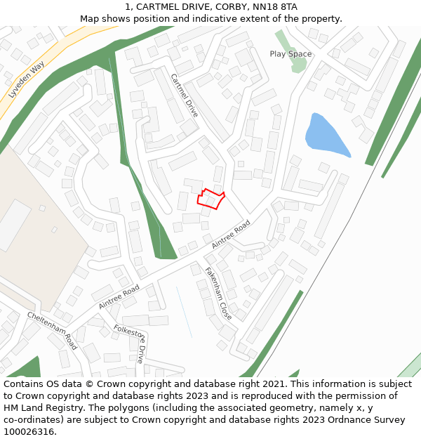 1, CARTMEL DRIVE, CORBY, NN18 8TA: Location map and indicative extent of plot
