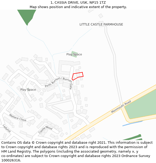 1, CASSIA DRIVE, USK, NP15 1TZ: Location map and indicative extent of plot