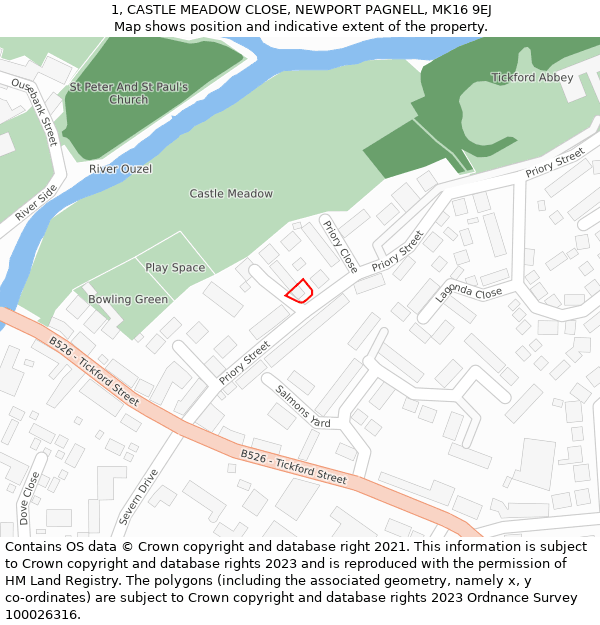 1, CASTLE MEADOW CLOSE, NEWPORT PAGNELL, MK16 9EJ: Location map and indicative extent of plot