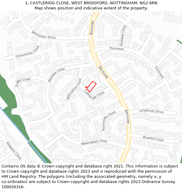 1, CASTLERIGG CLOSE, WEST BRIDGFORD, NOTTINGHAM, NG2 6RN: Location map and indicative extent of plot