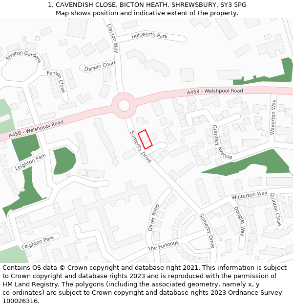 1, CAVENDISH CLOSE, BICTON HEATH, SHREWSBURY, SY3 5PG: Location map and indicative extent of plot