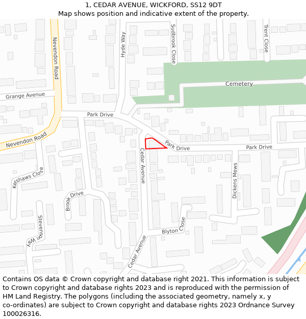 1, CEDAR AVENUE, WICKFORD, SS12 9DT: Location map and indicative extent of plot