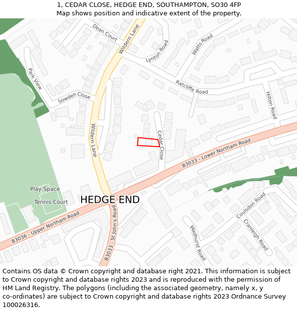 1, CEDAR CLOSE, HEDGE END, SOUTHAMPTON, SO30 4FP: Location map and indicative extent of plot