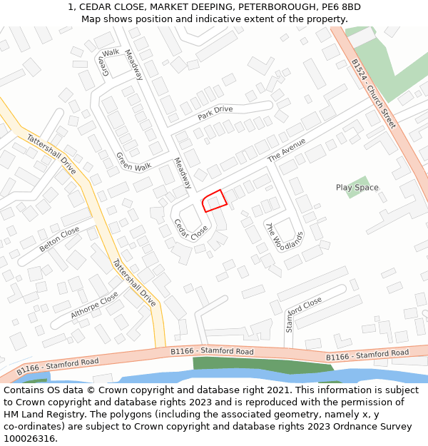 1, CEDAR CLOSE, MARKET DEEPING, PETERBOROUGH, PE6 8BD: Location map and indicative extent of plot