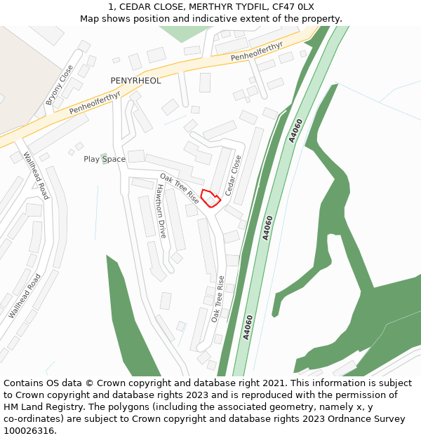 1, CEDAR CLOSE, MERTHYR TYDFIL, CF47 0LX: Location map and indicative extent of plot