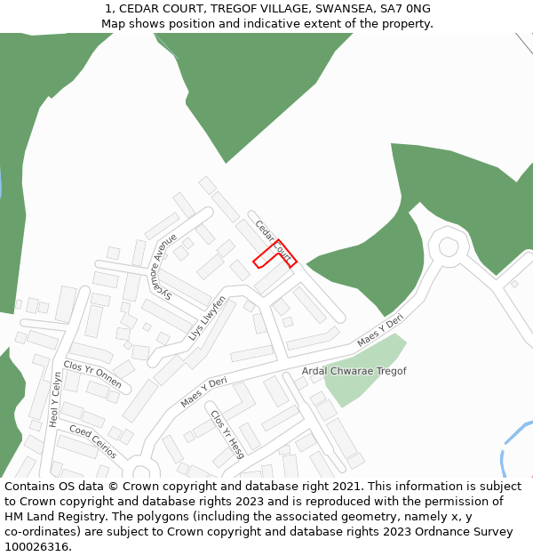 1, CEDAR COURT, TREGOF VILLAGE, SWANSEA, SA7 0NG: Location map and indicative extent of plot