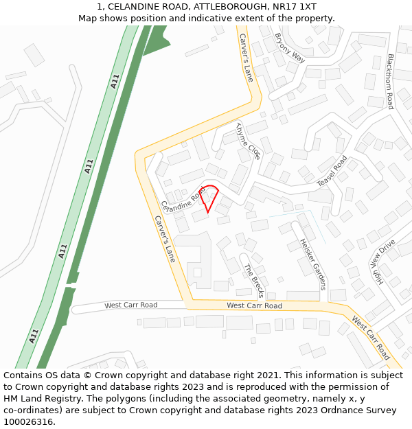 1, CELANDINE ROAD, ATTLEBOROUGH, NR17 1XT: Location map and indicative extent of plot