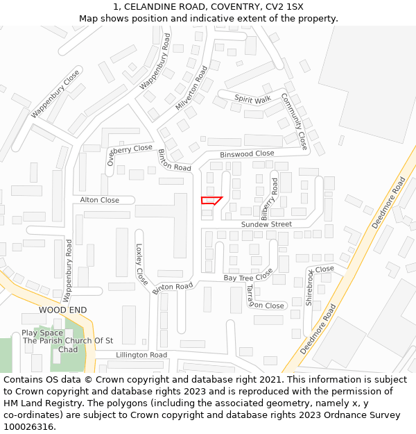 1, CELANDINE ROAD, COVENTRY, CV2 1SX: Location map and indicative extent of plot