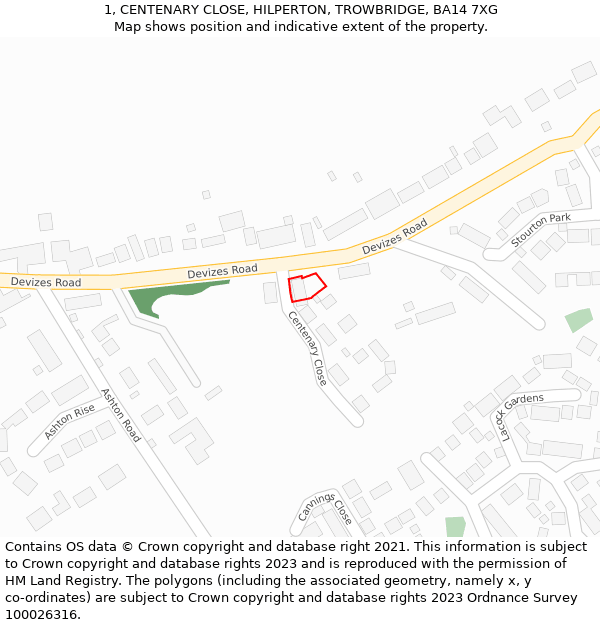 1, CENTENARY CLOSE, HILPERTON, TROWBRIDGE, BA14 7XG: Location map and indicative extent of plot