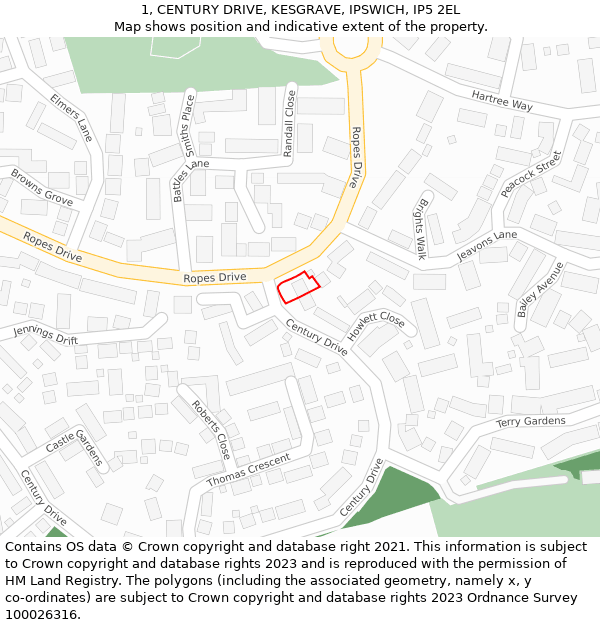 1, CENTURY DRIVE, KESGRAVE, IPSWICH, IP5 2EL: Location map and indicative extent of plot