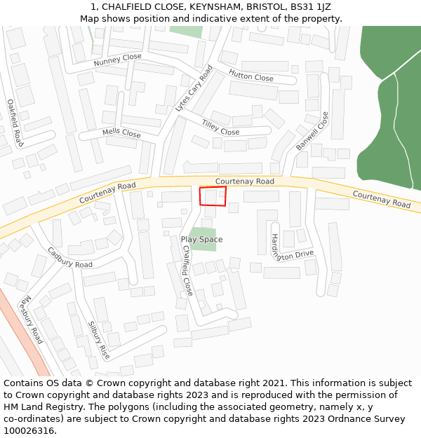 1, CHALFIELD CLOSE, KEYNSHAM, BRISTOL, BS31 1JZ: Location map and indicative extent of plot