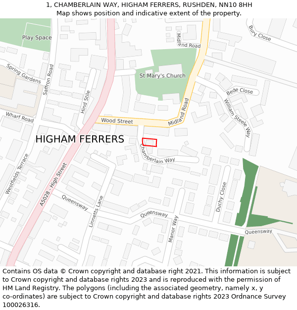 1, CHAMBERLAIN WAY, HIGHAM FERRERS, RUSHDEN, NN10 8HH: Location map and indicative extent of plot