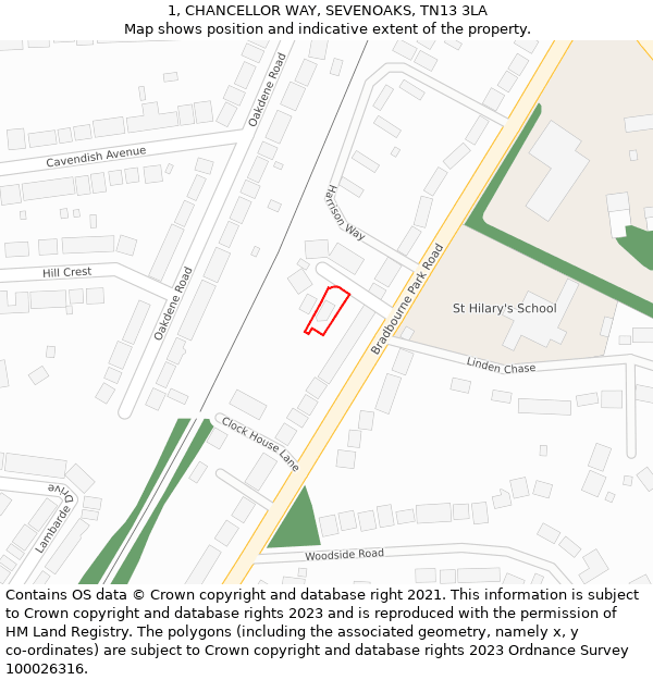 1, CHANCELLOR WAY, SEVENOAKS, TN13 3LA: Location map and indicative extent of plot