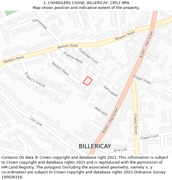 1, CHANDLERS CHASE, BILLERICAY, CM12 9RN: Location map and indicative extent of plot