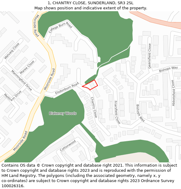 1, CHANTRY CLOSE, SUNDERLAND, SR3 2SL: Location map and indicative extent of plot