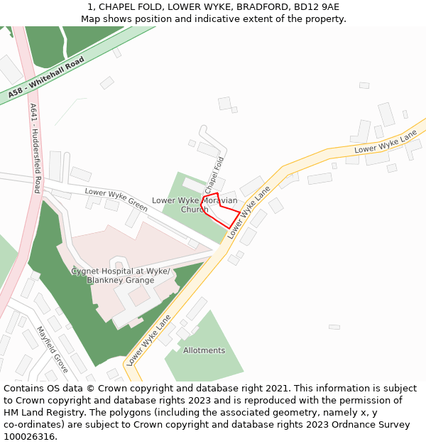 1, CHAPEL FOLD, LOWER WYKE, BRADFORD, BD12 9AE: Location map and indicative extent of plot