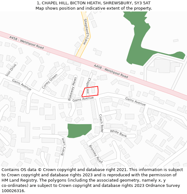 1, CHAPEL HILL, BICTON HEATH, SHREWSBURY, SY3 5AT: Location map and indicative extent of plot