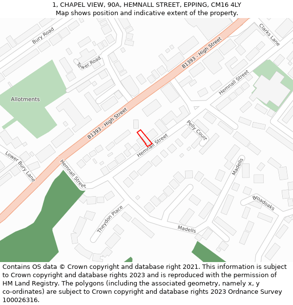 1, CHAPEL VIEW, 90A, HEMNALL STREET, EPPING, CM16 4LY: Location map and indicative extent of plot